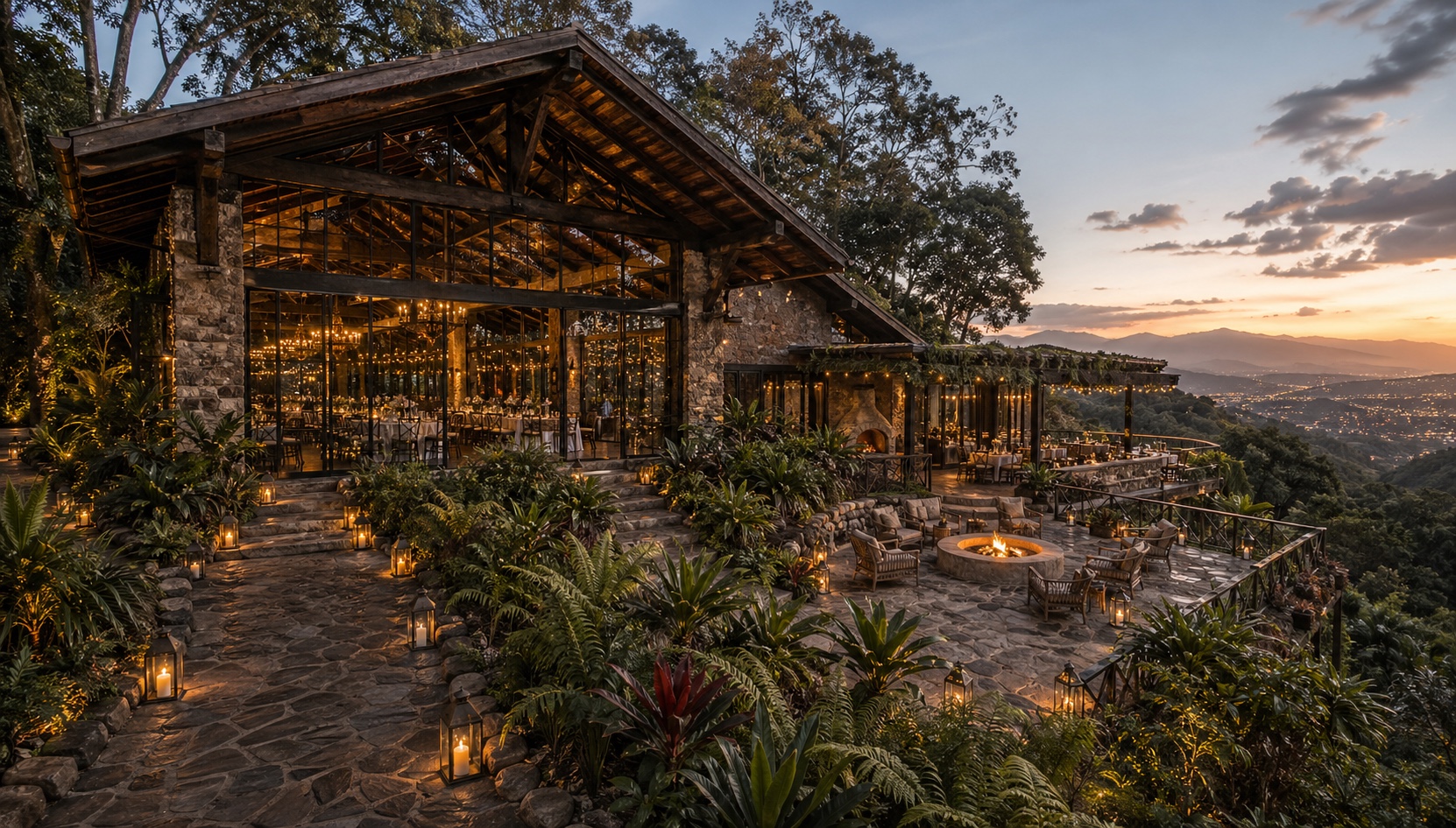 Vista panorámica lateral de Casa del Bosque con salón, terrazas, cafetería, horno de barro, fogata, bosque y vistas de montaña