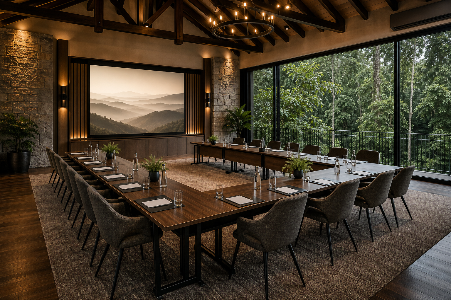 Sala privada de reuniones con aire acondicionado, pantalla LED y acomodo en U para 25 personas