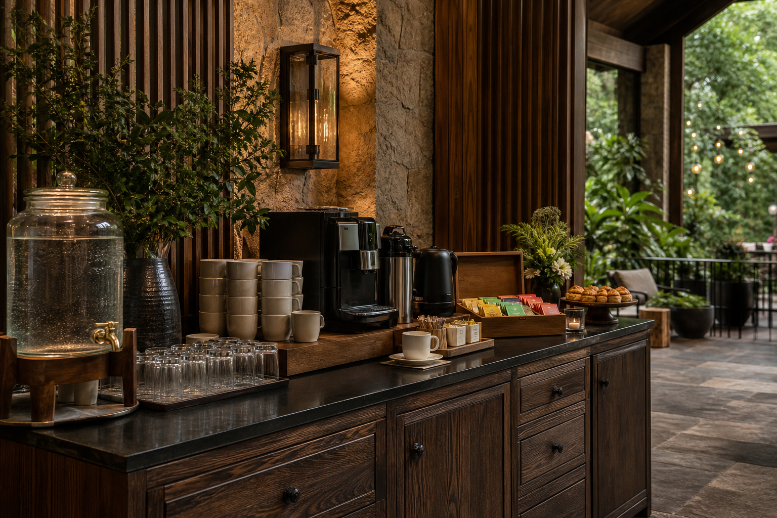 Estación de café, agua y té de autoservicio en la recepción de Casa del Bosque