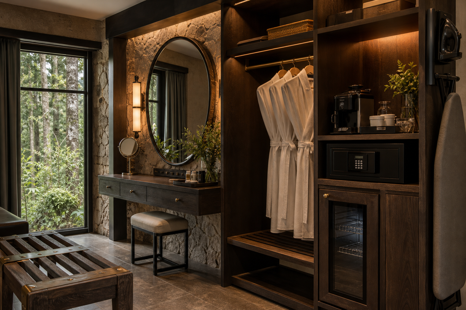 Amenidades de Junior Suite King con tocador, closet, mini refri, caja fuerte y planchador
