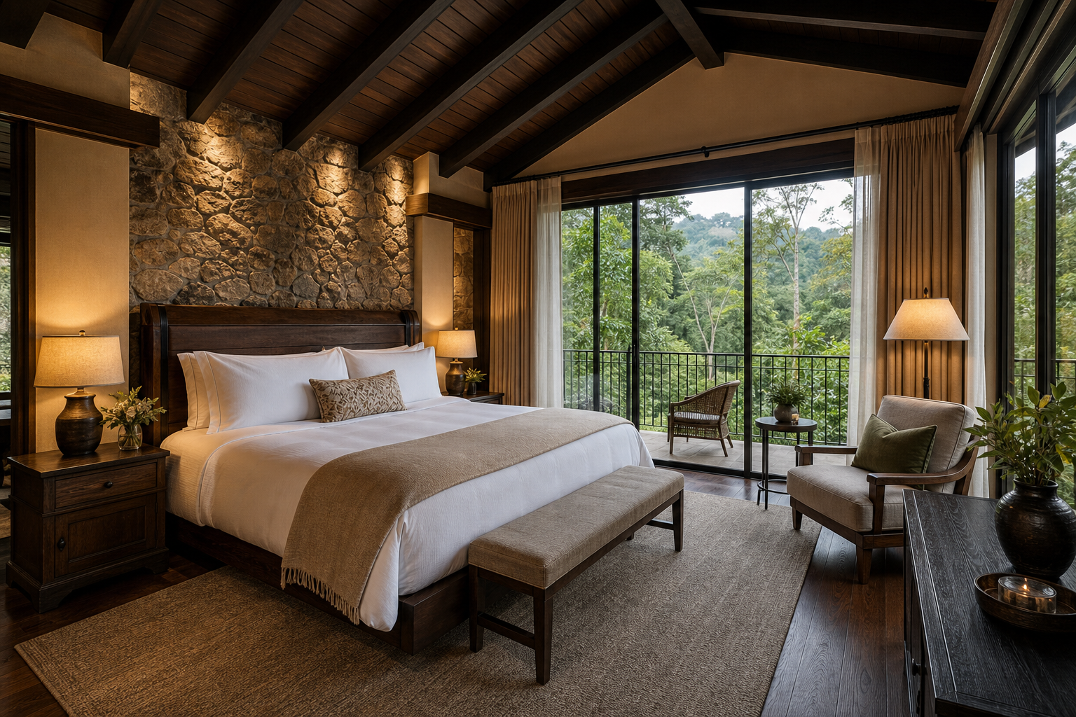 Interior de Junior Suite King con cama king, ventanales, balcón y vista al bosque